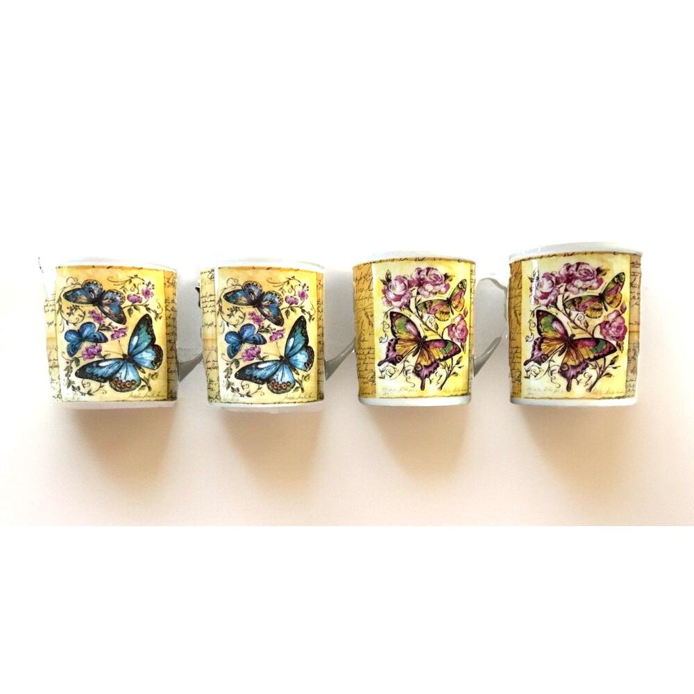 Burton & Burton 2011 Butterfly Floral Mug Set 4 Cottagecore VTG Style Tea Cups